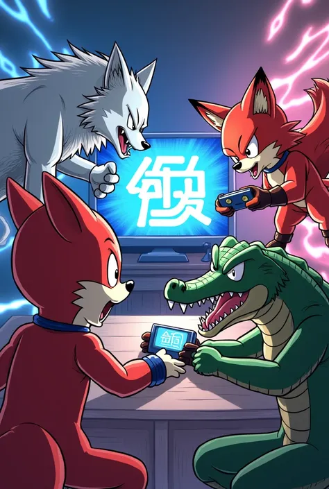 Un loup gris, un renard roux et un crocodile sont entrain de jouer à dragon Ball sparking zero 