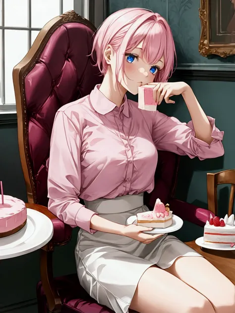 A  wearing a pink short doll sleeve shirt and a white short skirt is eating a delicious cake. The girl is sitting on a chair facing sideways. On the table is a cake on a plate and a sweet drink. The table is covered with a blue cloth.