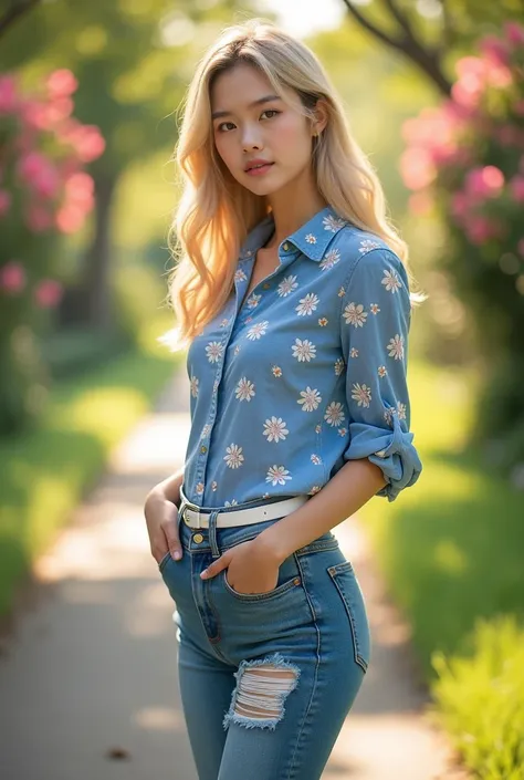 Beautiful Korean girl with blonde hair wearing a blue floral shirt with sleeves rolled up at the elbows wearing long pencil jeans ripped at the knees wearing a white belt wearing work shoes,standing with legs crossed in style on a footpath on both sides fl...