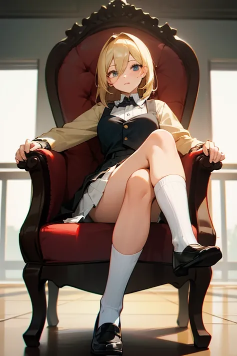 A woman is sitting on a chair，Crossing your legs, Blonde, skirt, White socks,Dirty soles, one&#39;s home, Looking down on you, smile，Close-up of the sole of the foot