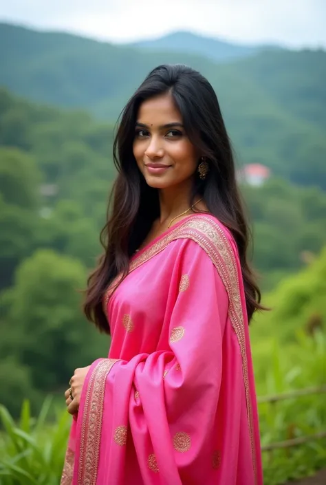 Kerala female aged 28 outdoor photo wearing
 pink colour saree in wayanad kerala. Realistic photo.