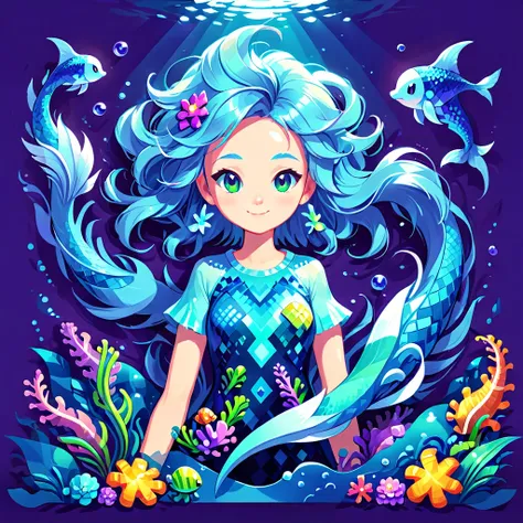 Create a pixelated character named Pixelle, a friendly mascot for a digital art generation website. Pixelle is a half-human, half-sea creature with a stylized fishtail, glowing antennae representing her connection to the digital world, and a pixelated colo...