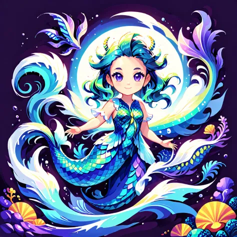 create a friendly mascot for a digital art generation website. half-human, half-sea creature with a stylized fishtail, glowing a...