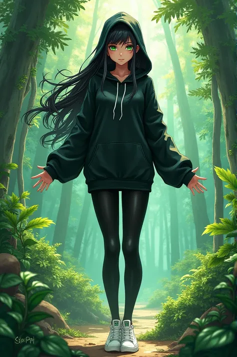 Anime sexy girl green eyes black pant black hoodie black tights white sneakers sorceress of plant 