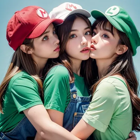 portrait of two girls kissing, (girl cosplaying as Mario and girl cosplaying as Luigi), (one girl dressed as Mario has brown bob hair and Brown big eyes:1.4, super cute slightly round face:1.2, is wearing Marios red Casquette:1.4, a red shirt, blue overall...