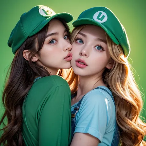 portrait of two girls kissing, (girl cosplaying as Mario and girl cosplaying as Luigi), (one girl dressed as Mario has brown bob hair and Brown big eyes:1.4, super cute slightly round face:1.2, is wearing Marios red Casquette:1.4, a red shirt, blue overall...