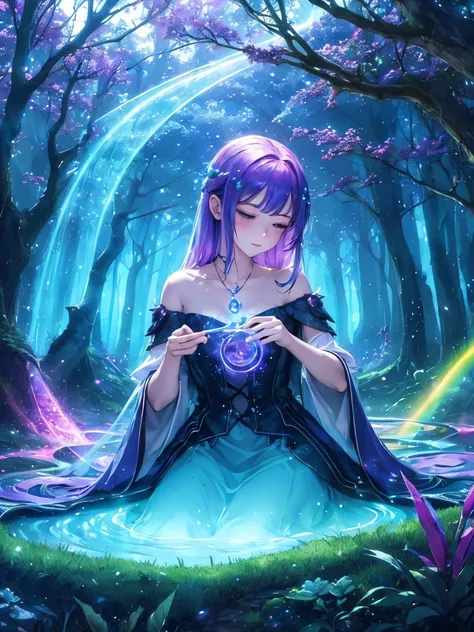 mysterious glowing spell casting girl, fantasy rainbow forest, vibrant colors, great lighting, detailed leaves, magical atmosphe...