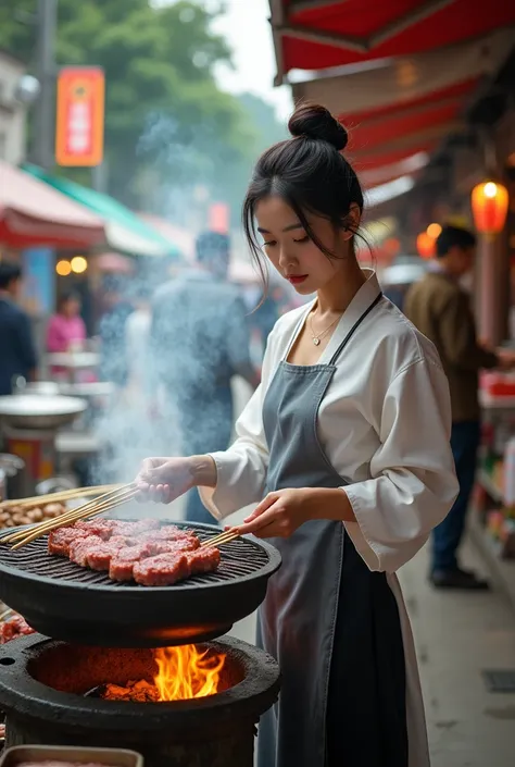 Beautiful Korean girl standing on the side of the road grilling beef that has been made into satay on an iron grill, background of a busy market road with stalls next to it, full body photo, realistic, clear, high quality, HD HDR 64K image, as if it were r...