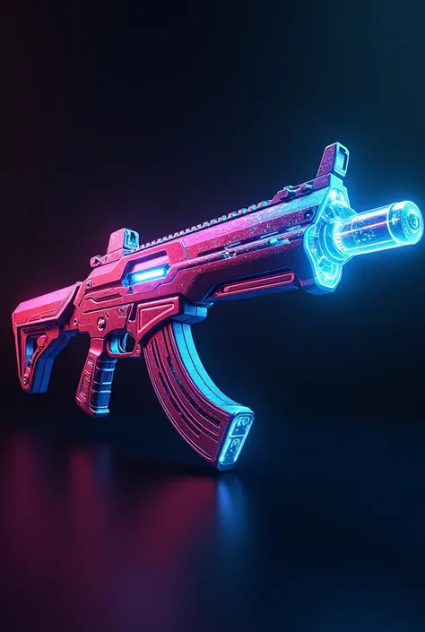 The base of the Vandal should have a sleek, angular shape with sharp edges, giving it a futuristic feel. The gun’s body is primarily coated in a metallic gradient, transitioning between neon pink, vibrant cyan, and electric purple. This creates a sense of ...