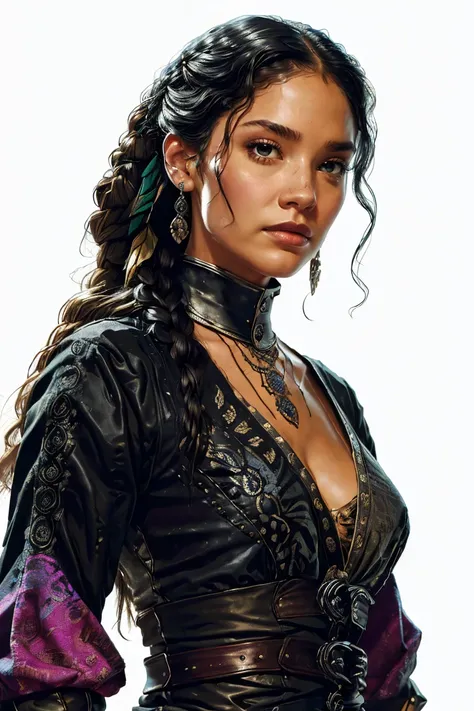 an aristocratic woman from the 17th century based on Raven Reyes from the TV-series The 100, highly detailed cinematic illustration, black outlining, full color illustration, vivid colors, white background, masterpiece, 8k, ultra-detailed, physically-based...