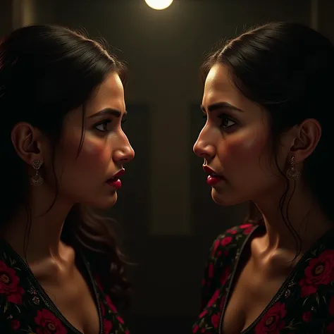 Two Pretty like princess Deepika Padukone, two sexy Deepika Padukone getting slapped by eachother in a dark room, both are is getting tears from her eyes after getting slapped, both are wearing black red floral print saree on a black red floral print u nec...