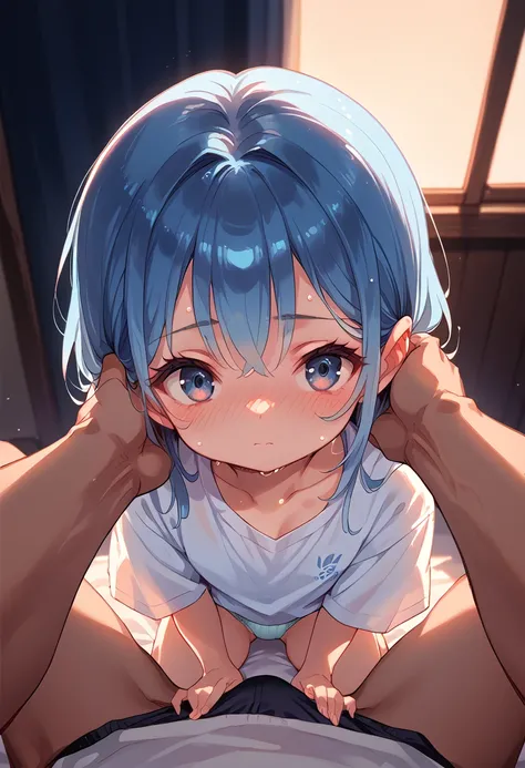 in the room, underwear, blush, Focus on face, bang, hair circle, blue hair