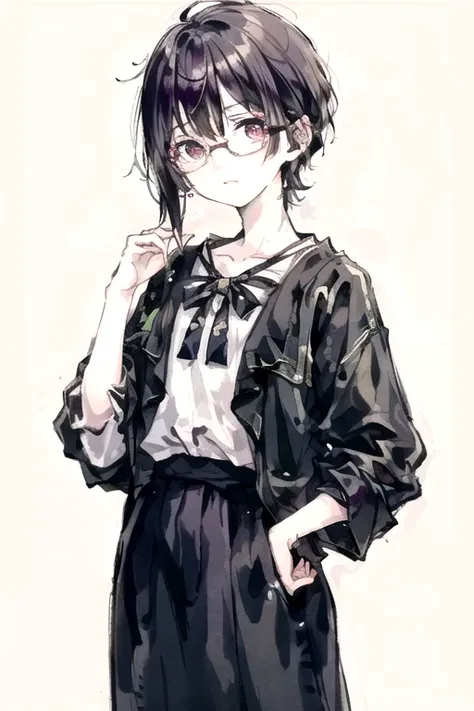 ((Best Quality)), ((masterpiece)), (detailed),Age 27,Very Short,Pre-share,No makeup,Narrow eyes,Hanging eyes,boyish,Rin々Shii,Bisexual clothing,Glasses,Standing posture
