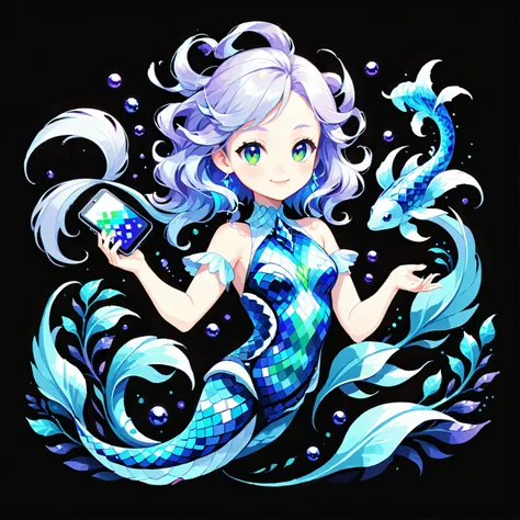 Create a friendly mascot for a digital art generation website. Half-human, half-sea creature with a stylized fishtail, glowing antennae and a pixelated color palette of blue, green, and purple, inspired by the ocean. Her body is sleek and slightly transluc...