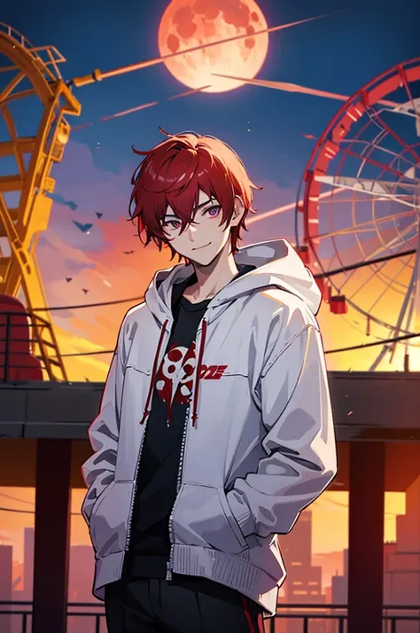 Face through torso, 1man, mature male in his 20s, short hair(Red hair, hair between eyes), sharp and masculine purple eyes(no highlights), sinister smile, mysterious aura like a mastermind behind all events, wearing white hoodie under casual jacket, black ...