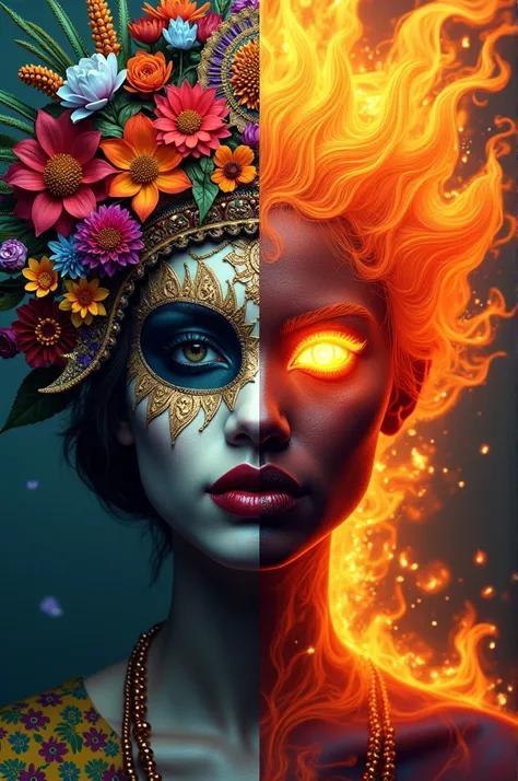 Make a masskara design on the other half it has a flowery theme depicting a person with dignity the other is firey or demonlike depicting a person without dignity