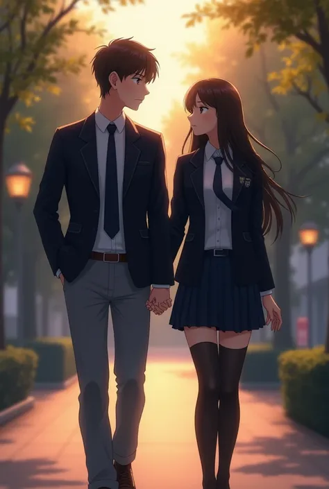 A handsome boy and beautiful walking hand in hand, both wearing matching school uniforms with blazers, ties, and formal shoes. The boy is dressed in light grey pants, a white shirt, and a dark blazer, while the girl is wearing a skirt, a dark blazer, and b...