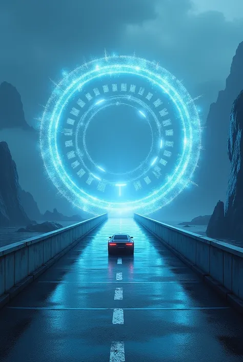 single road bridge made of cement with a tangible magical  digital circle portrait portal at the end for travellers to teleport blue hue and futuristic car only