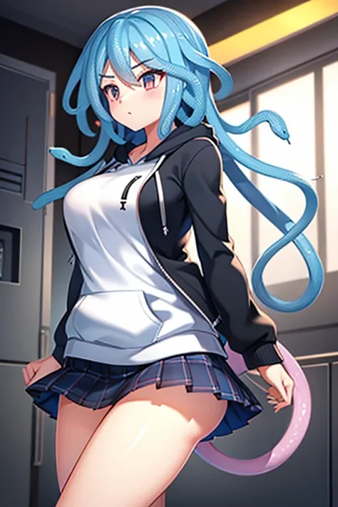 a slim girl with medium breasts wearing a hoodie and skirt combo, snake hair