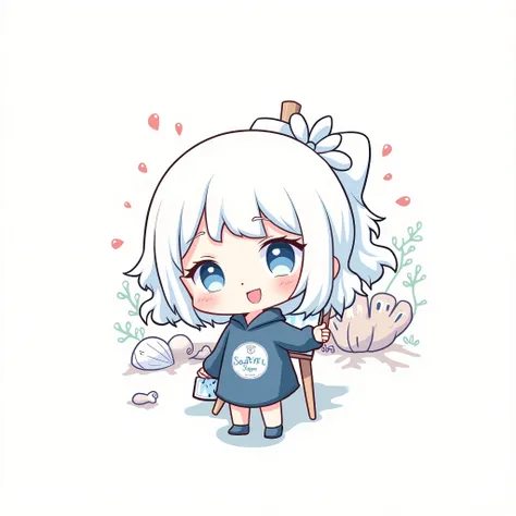 Illustration, anime, mascot, standing, girl painting on canvas, chibi character, light blue hair, short hair, curly hair, ((Sea Art logo on clothes)),A cute light blue background with sea creatures