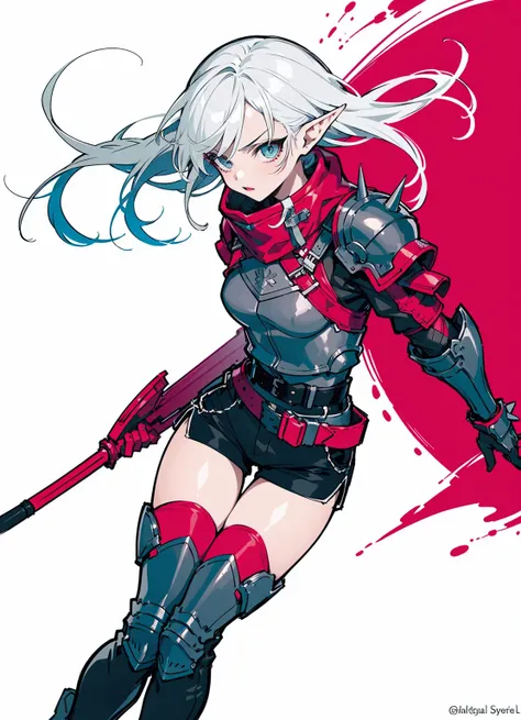  masterpiece,best quality,, (usnr:1.5) ,a digital drawing in an anime style, featuring a female character with distinct fantasy elements, she has long, flowing white hair adorned with black spikes, and her eyes are a striking red, giving her a fierce and d...