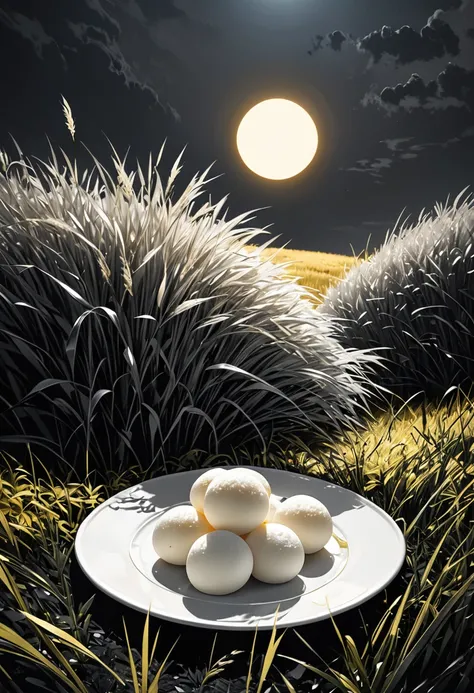 monochrome line art, a huge yellow full moon, Japanese silver grass, pure white round mochi piled high on a plate, delicate and dynamic textures, contrasts of light and shadow, 2.5D, artistic photography, hyper realistic, digital graphic CG, ultra detailed...