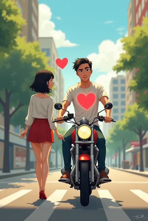 Man on motorcycle with hearts in eyes and chest seeing beautiful woman walking with short black hair, The woman is ahead of the motorcycle 