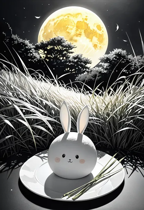 monochrome line art, watercolor, a huge yellow full moon, a kawaii rabbit in the full moon, Japanese silver grass, pure white round mochi piled high on a plate, delicate and dynamic textures, contrasts of light and shadow, 2.5D, artistic photography, hyper...