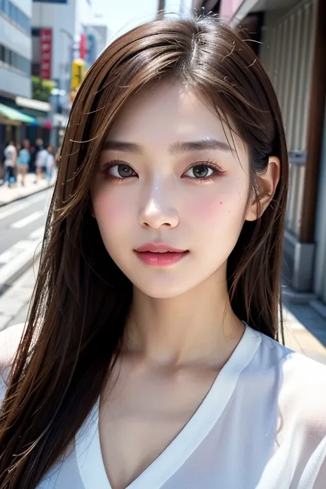 with the backdrop of tokyo alleys、1 girl、independent、look forward to、light eye makeup、brown hair color、flat 、hair blowing in the...