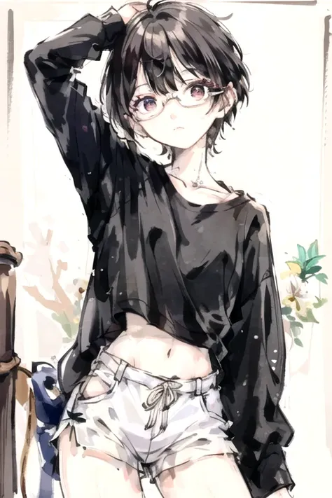 ((Best Quality)), ((masterpiece)), (detailed),Androgynous person,Age 27,Very Short,Pre-share,No makeup,Narrow eyes,Hanging eyes,boyish,Rin々Shii,Tight shirt,Fitted shorts,Glasses,Standing posture,
