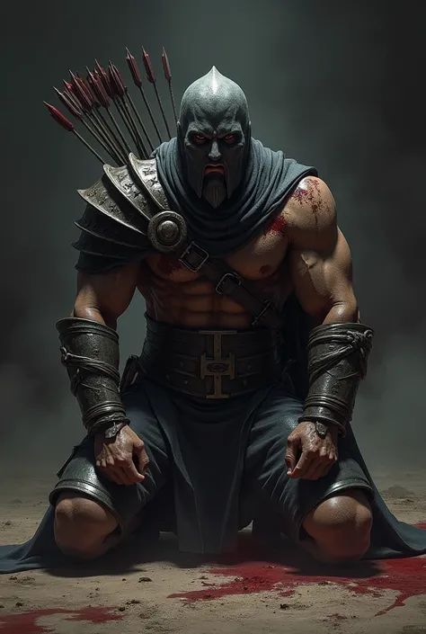 A warrior with body armor, mask, kneeled, with lots of Arrow struck on his back, dark background