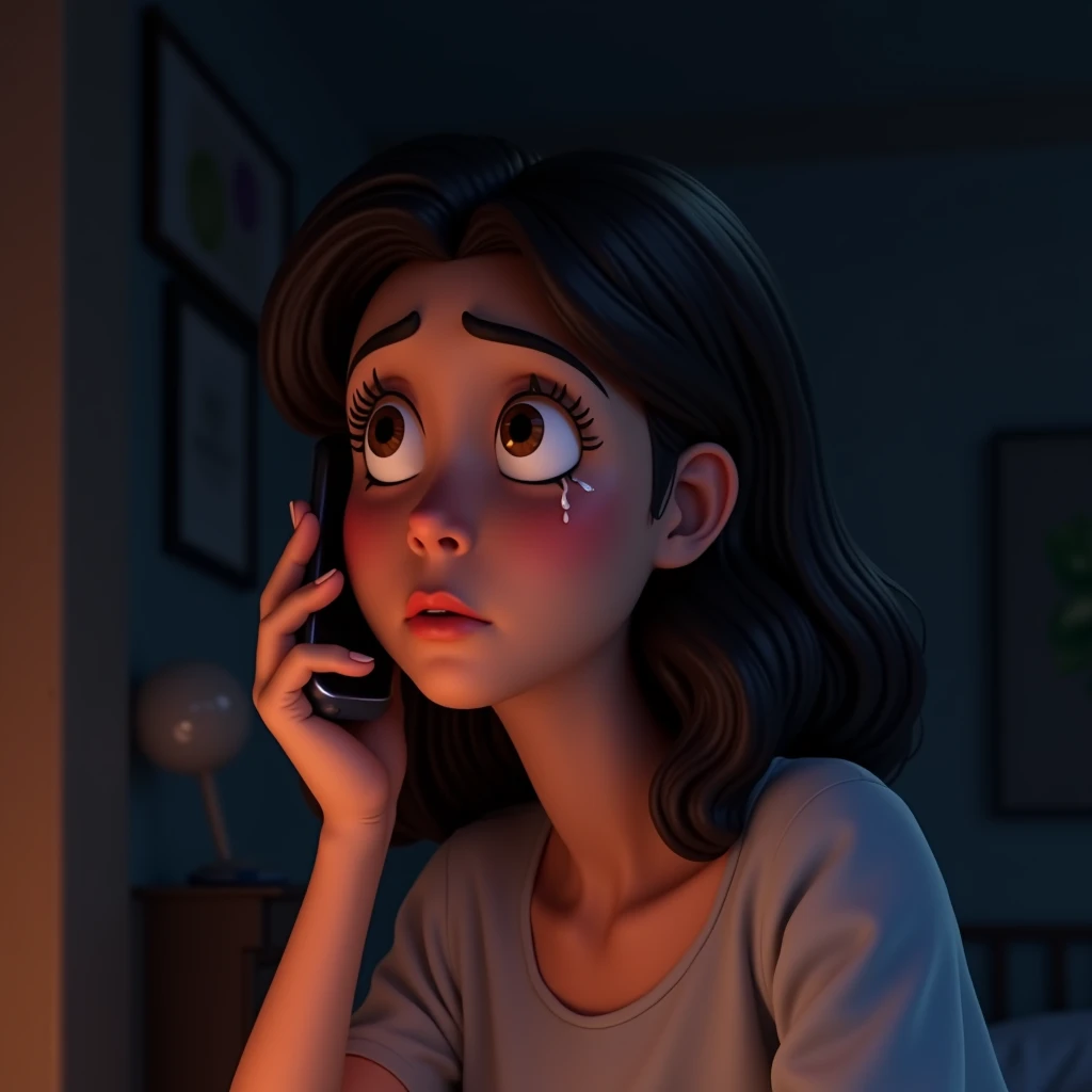 A delicate Pixar-style scene/Cartoon with Clara holding the smartphone to her ear, his expression full of hesitation and mixed emotions. No fundo, a dark and peaceful room contrasts with the tension she feels while listening to Hugo. A tear rolls down her ...