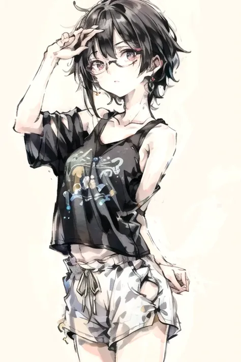 ((Best Quality)), ((masterpiece)), (detailed),Androgynous person,Age 27,Very Short,Pre-share,No makeup,Narrow eyes,Hanging eyes,boyish,Rin々Shii,Tank tops,Fitted shorts,Glasses,Standing posture,
