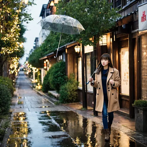 Holding a transparent umbrella on a rainy day、Japanese woman walking down a quiet street。Her hair is slightly damp and reflecting the light.。Wearing a simple coat in a muted color、A scene of gentle beauty。