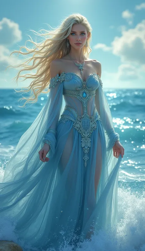 Goddess of Waves and justice, blonde with blue eyes while humming in a sea