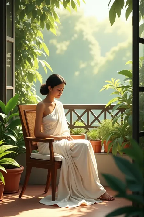 A woman white colour saree worn sitting in the chair in the balcony, where plant background 