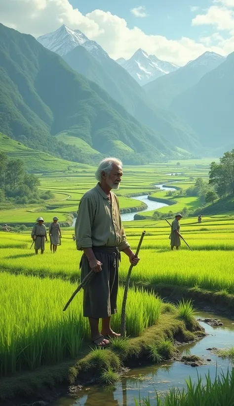 A grandfather working in the rice fields, background of rice fields, mountains and flowing rivers,and with many people working in the rice fields.