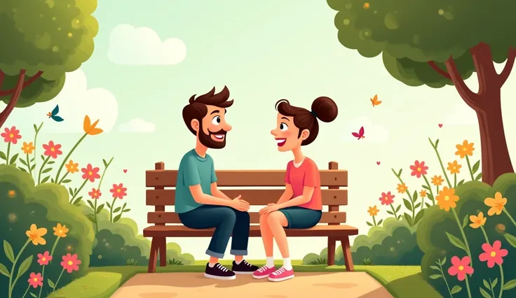 One man and one woman   sitting in bench in garden talking to each other  Cartoon image 