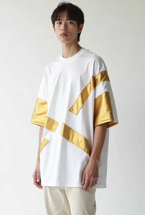 Unusual unique trendy design of oversized white t-shirt with gold fabric inserts, on a white background