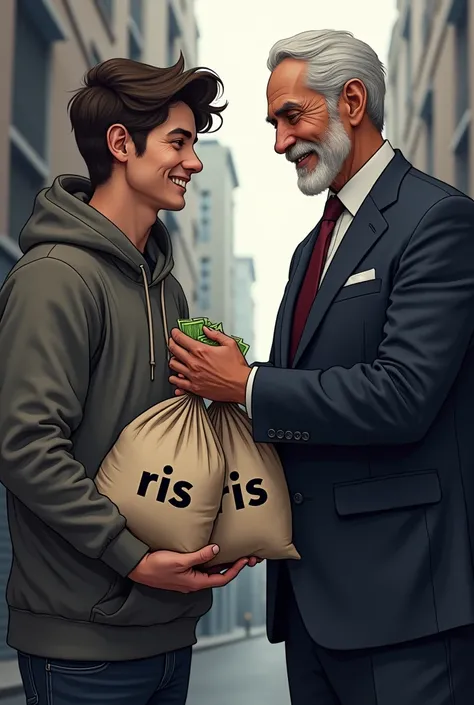 Hoodie wearing Guy getting 2 bags of money from a guy in a suit. The bags have "RIS" written over them. They will be smiling