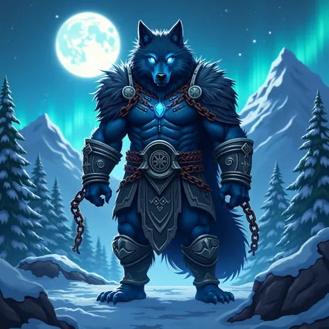 “An epic Nordic werewolf mascot, bound in ancient silver chains, standing tall and fierce. The werewolf’s fur is thick and dark, blending deep shades of gray with blue underglow, reflecting the cold Nordic night. He wears Viking-style armor with intricate ...