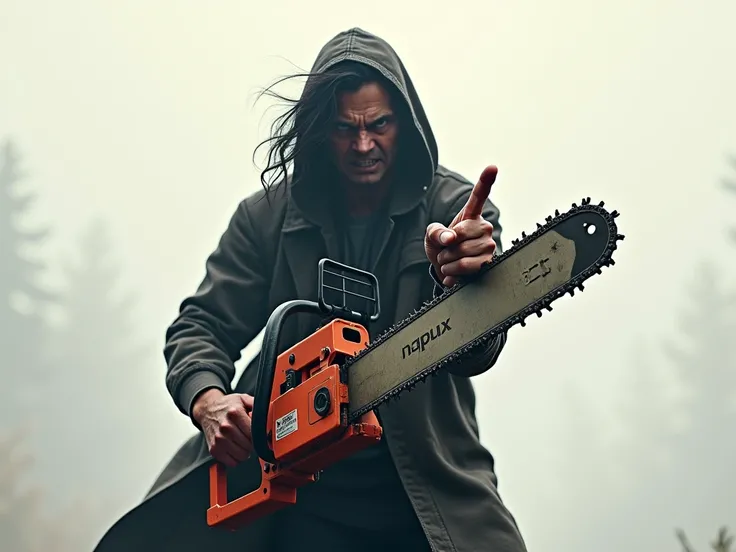 A person holding a chainsaw、Make me sit upright、Angry finger