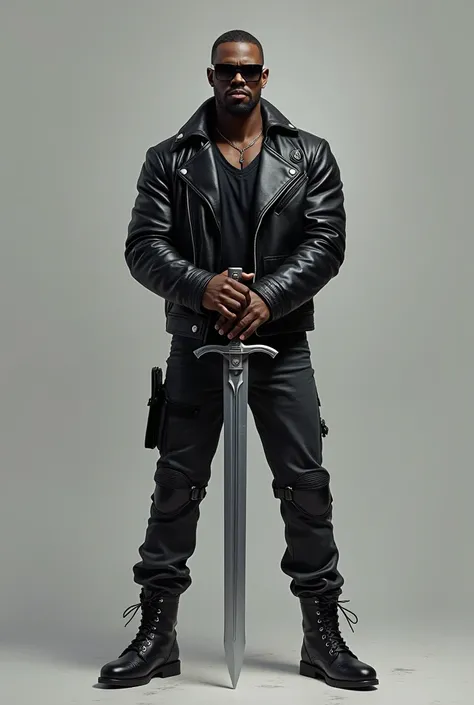 Black man, sunglasses,  biker outfit holding a silver sword, gray background