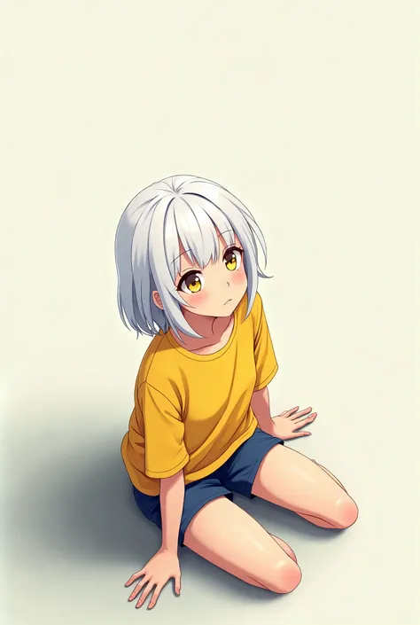 Anime screenshot. A girl sitting in a triangular position on the floor. He is wearing gym uniform with shorts and an oversized yellow T-shirt. She has white hair, yellow eyes, and bangs that line up above her eyebrows. Watercolor. Ground. looking up. Angle...