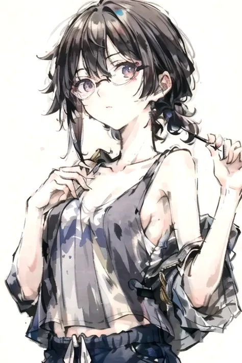 ((Best Quality)), ((masterpiece)), (detailed),Androgynous person,Age 27,Very Short,Pre-share,No makeup,Narrow eyes,Hanging eyes,boyish,Rin々Shii,Thin chest,Tank tops,Fitted shorts,Glasses,Standing posture,
