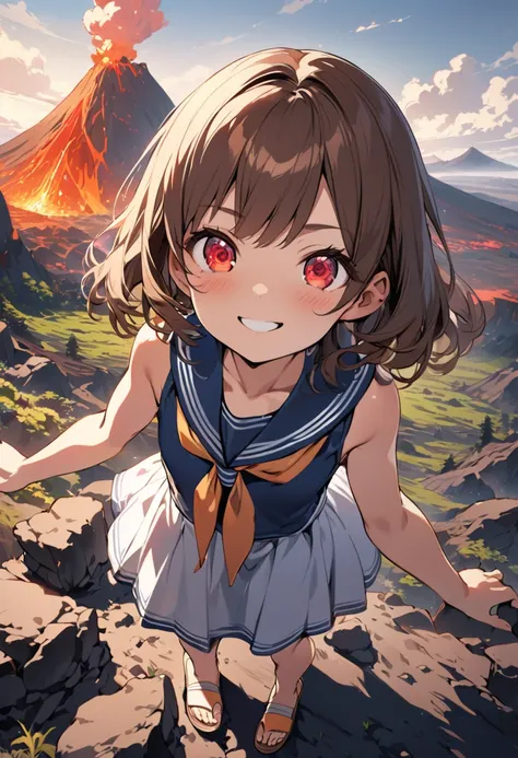 A girl with long brown hair and red eyes, smiling, wearing a sailor dress and sandals, is posing near a (volcano:1). The scene captures her confident pose against the dramatic and rugged volcanic landscape.kawaii ,natural lighting,best quality,masterpieces...