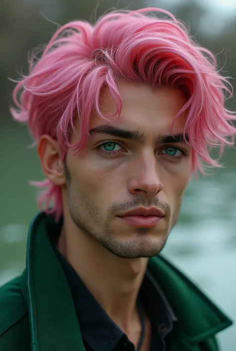 A sexy beautiful young emerald eyes and pink hair guy