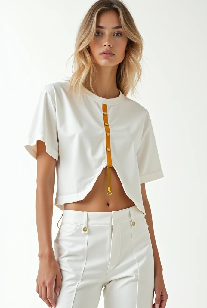 Unusual unique inimitable cut which has not been seen before trendy design of white T-shirt in combination with ocher-gold color, on a white background, very fashionable
