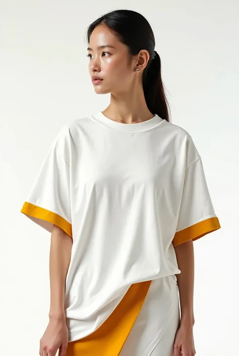 Unusual unique trendy design of oversized white t-shirt in combination with ocher and gold color, on a white background, very fashionable
