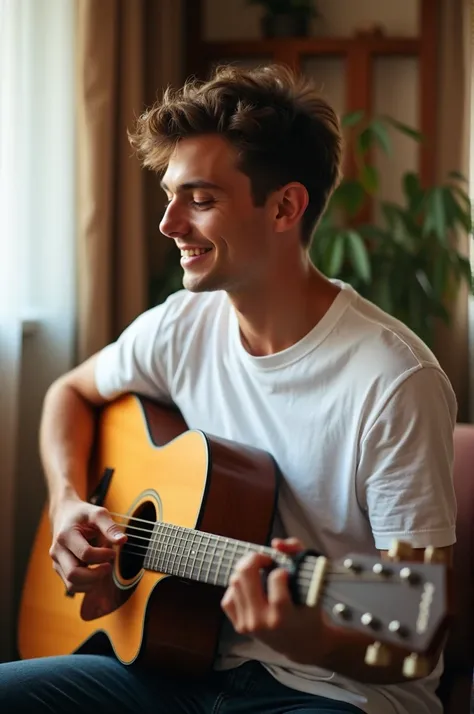 Man in white t-shirt playing guitar 